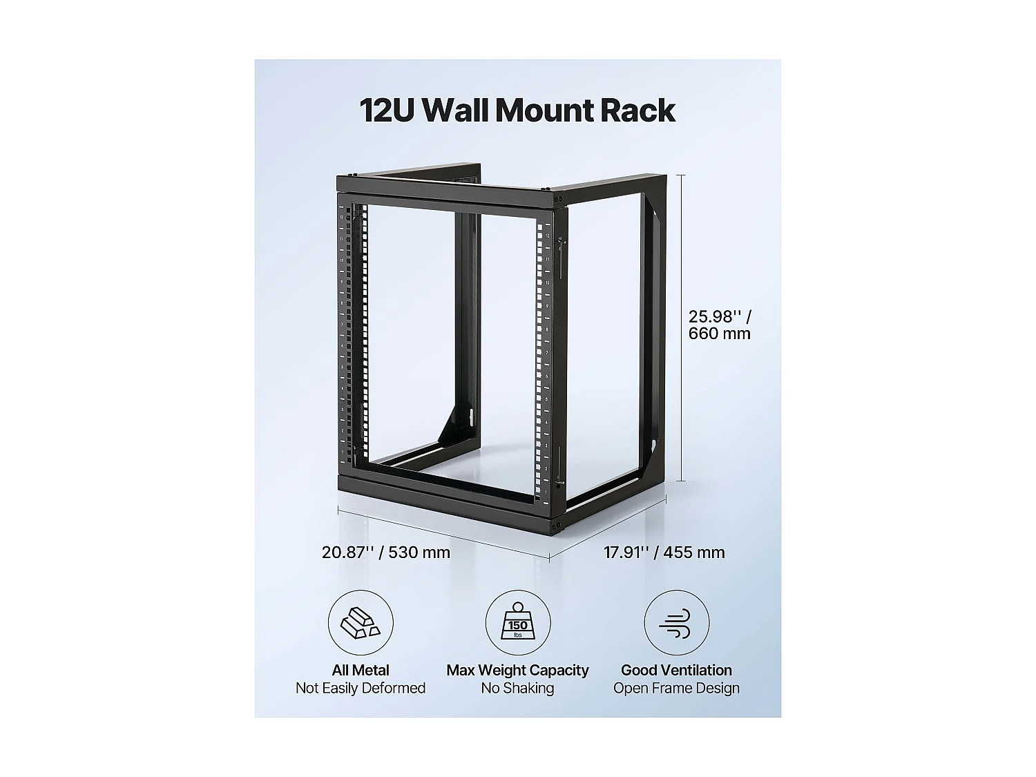 Rack de Servidor SucceBuy Mural 12U, Soporte de Red a Marco Abierto, Profundidad 45.5 cm, Capacidad de Carga 68 kg, con Apertura 180°, para Servidor