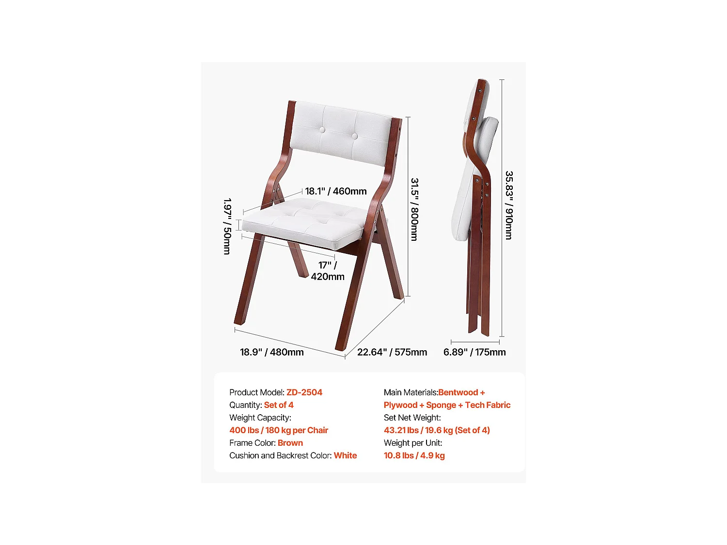 Chaise Pliante SucceBuy en Bois avec Coussin, Lot de 4, Chaise de Salle à Manger Portable Rembourrée Moderne avec Coussin d'Assise Pliable, Blanc