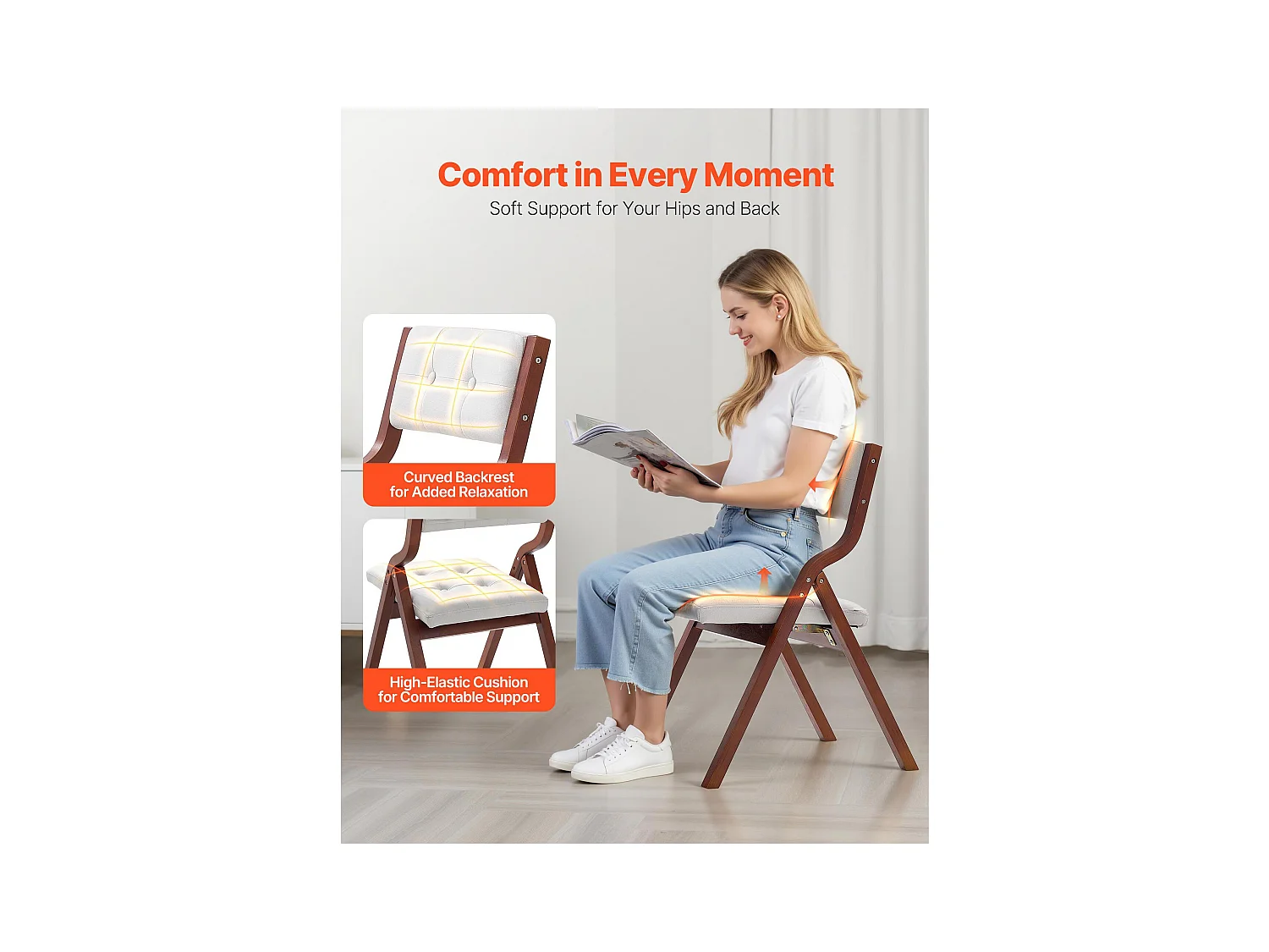 Chaise Pliante SucceBuy en Bois avec Coussin, Lot de 4, Chaise de Salle à Manger Portable Rembourrée Moderne avec Coussin d'Assise Pliable, Blanc