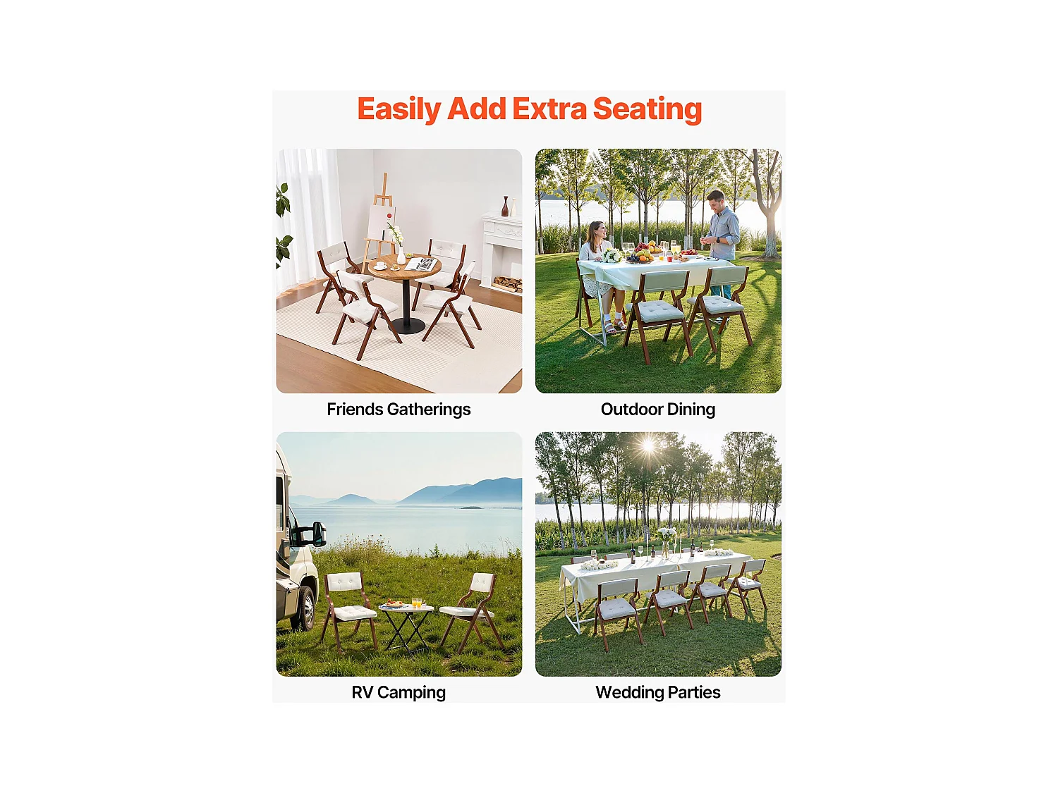 Chaise Pliante SucceBuy en Bois avec Coussin, Lot de 4, Chaise de Salle à Manger Portable Rembourrée Moderne avec Coussin d'Assise Pliable, Blanc