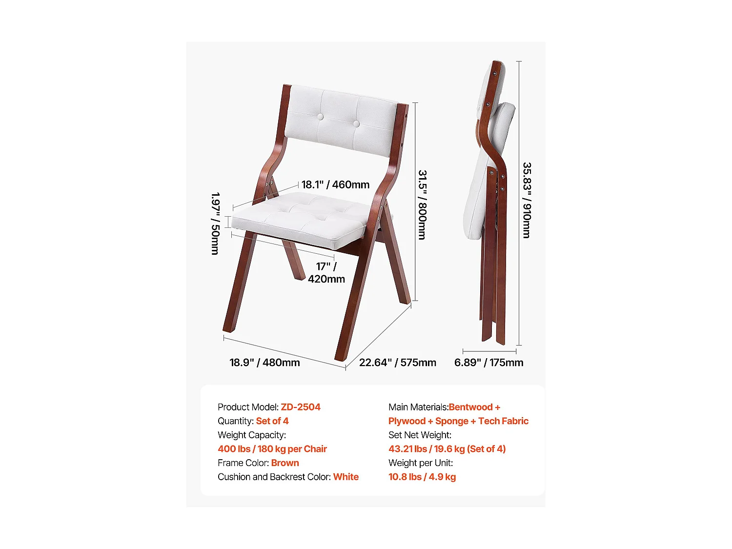 Chaise Pliante SucceBuy en Bois avec Coussin, Lot de 4, Chaise de Salle à Manger Portable Rembourrée Moderne avec Coussin d'Assise Pliable, Blanc