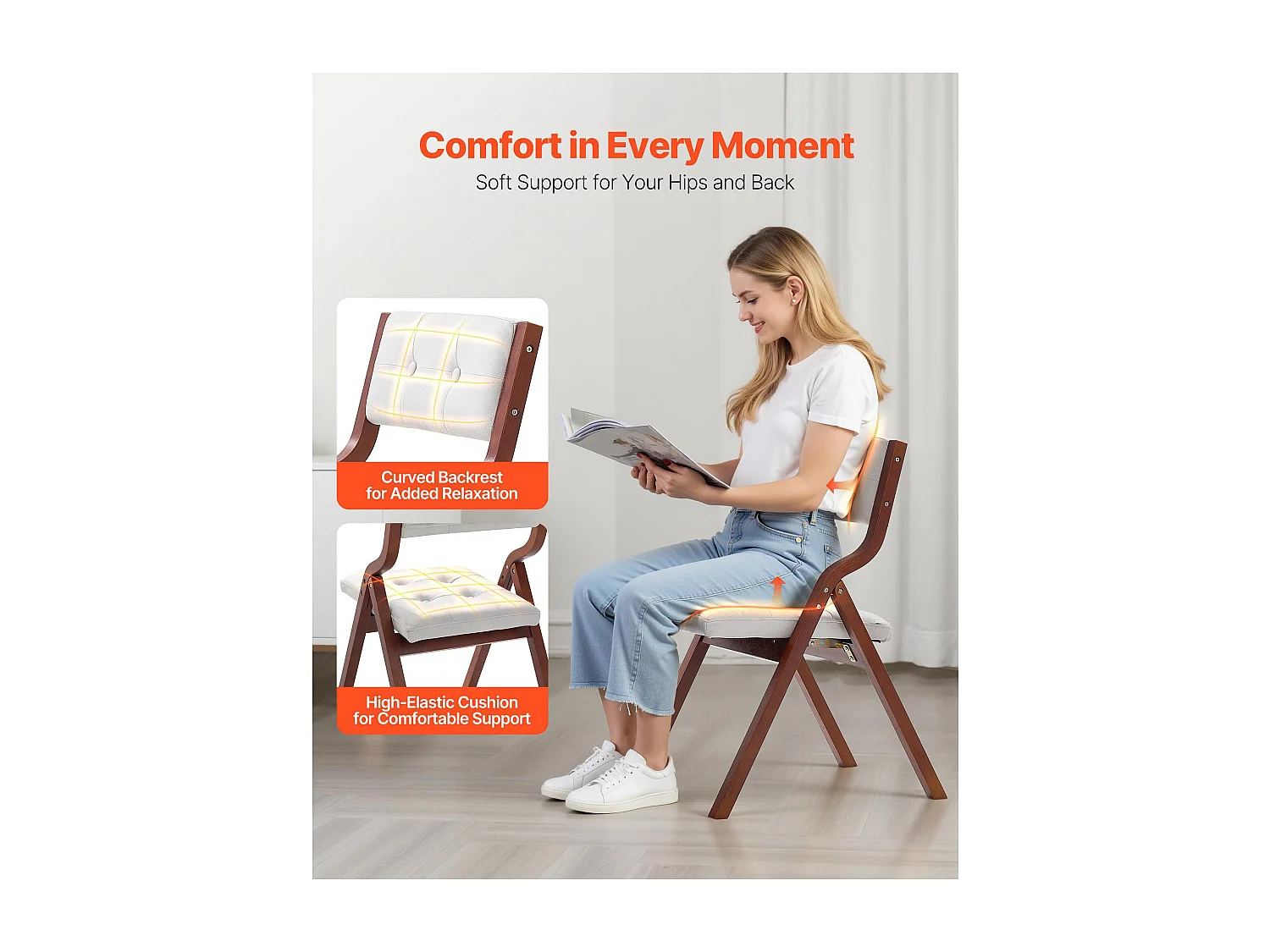 Chaise Pliante SucceBuy en Bois avec Coussin, Lot de 4, Chaise de Salle à Manger Portable Rembourrée Moderne avec Coussin d'Assise Pliable, Blanc