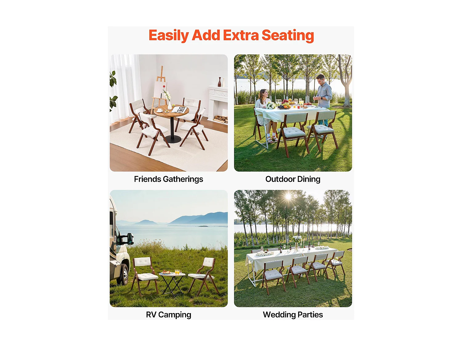 Chaise Pliante SucceBuy en Bois avec Coussin, Lot de 4, Chaise de Salle à Manger Portable Rembourrée Moderne avec Coussin d'Assise Pliable, Blanc