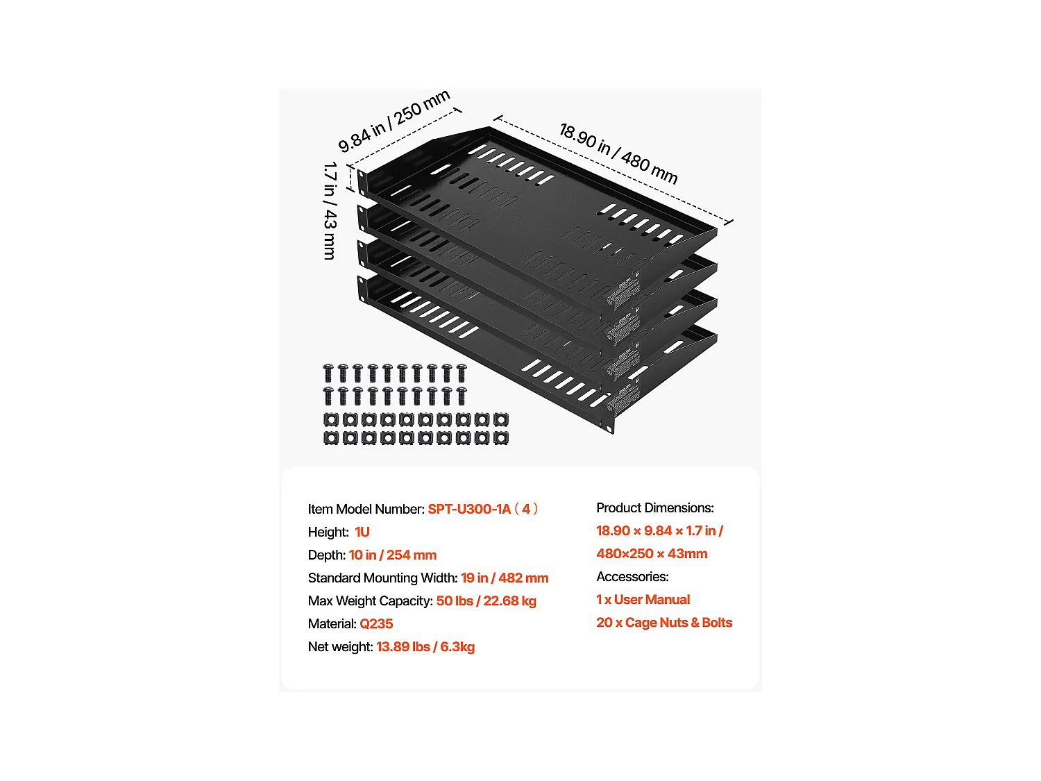 Regal Rack Server Netzwerk 1U SucceBuy, Satz von 4, Tiefe 25,4 cm, Belastung 22,68 kg, Montage Rack oder Wand, mit Belüfteter Ablage, Gute Luftzirkulation