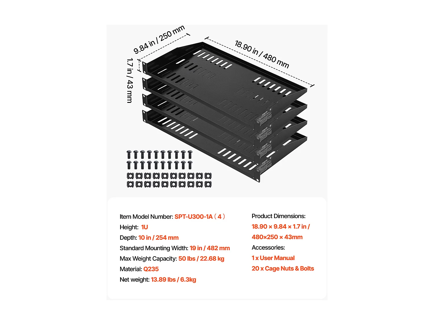 Étagère Rack Serveur Réseau 1U SucceBuy, Lot de 4, Profondeur 25,4 cm, Charge 22,68 kg, Montage Rack ou Mural, avec Plateau Ventilé, Bonne Circulation Air