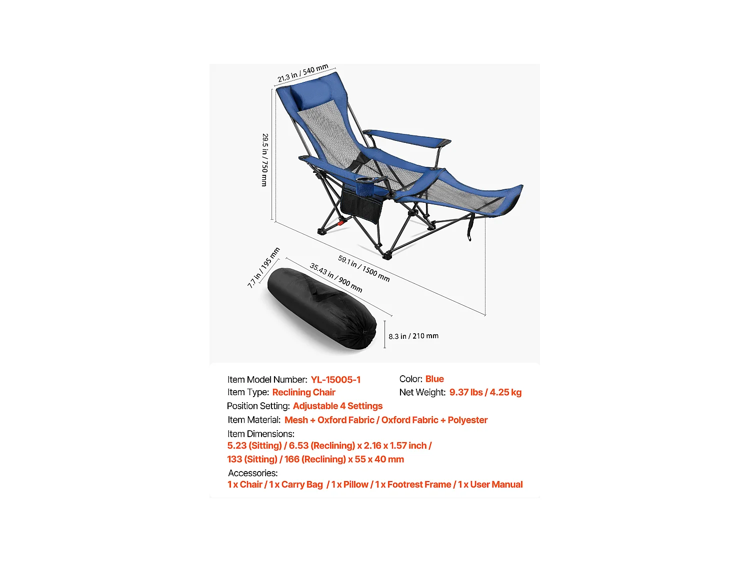 Chaise de Camping SucceBuy Pliante, 4 Positions Réglables, Chaise Longue Inclinable Portable pour Adultes, avec Repose-Pieds, Appui-Tête, Tissu Maille, Bleu