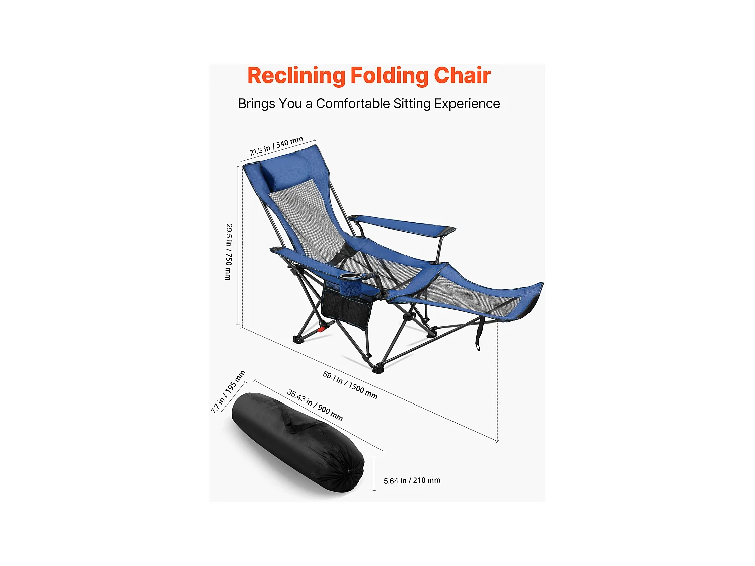 Chaise de Camping SucceBuy Pliante, 4 Positions Réglables, Chaise Longue Inclinable Portable pour Adultes, avec Repose-Pieds, Appui-Tête, Tissu Maille, Bleu