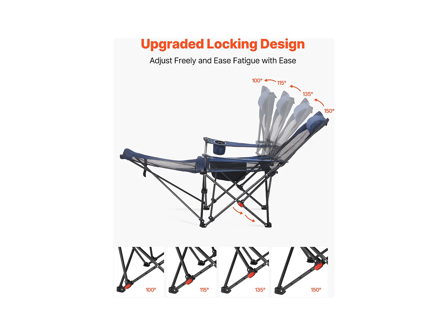 Chaise de Camping SucceBuy Pliante, 4 Positions Réglables, Chaise Longue Inclinable Portable pour Adultes, avec Repose-Pieds, Appui-Tête, Tissu Maille, Bleu