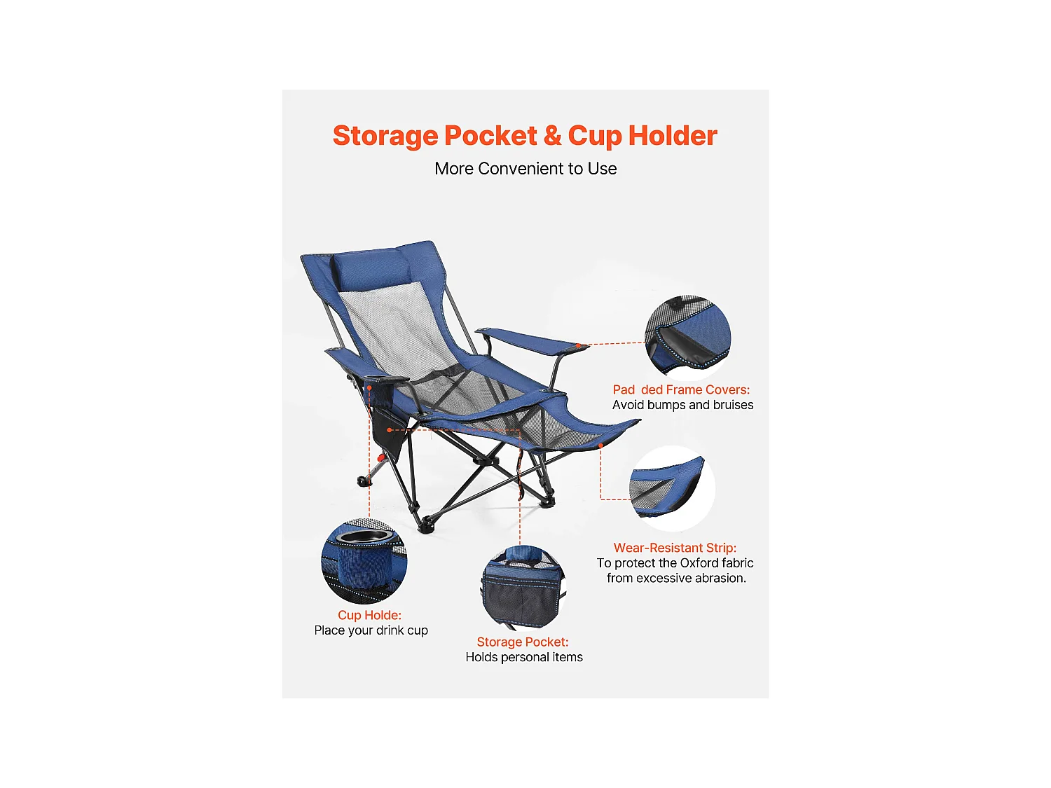 Chaise de Camping SucceBuy Pliante, 4 Positions Réglables, Chaise Longue Inclinable Portable pour Adultes, avec Repose-Pieds, Appui-Tête, Tissu Maille, Bleu