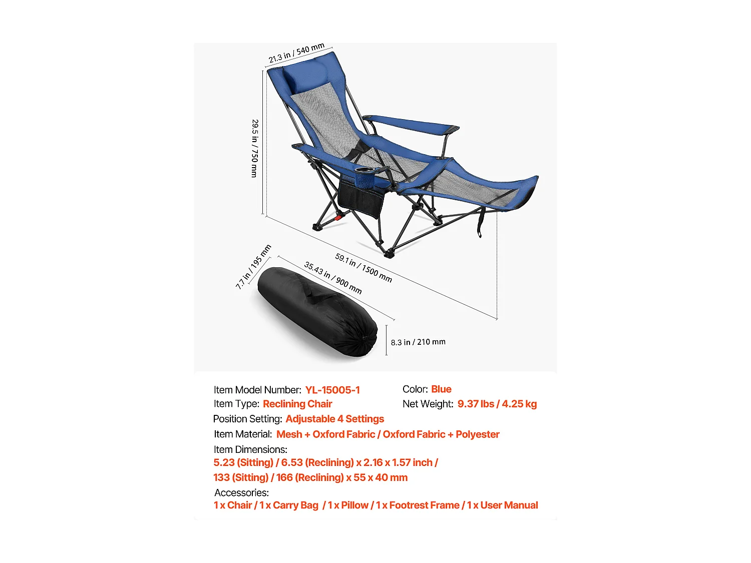 Chaise de Camping SucceBuy Pliante, 4 Positions Réglables, Chaise Longue Inclinable Portable pour Adultes, avec Repose-Pieds, Appui-Tête, Tissu Maille, Bleu