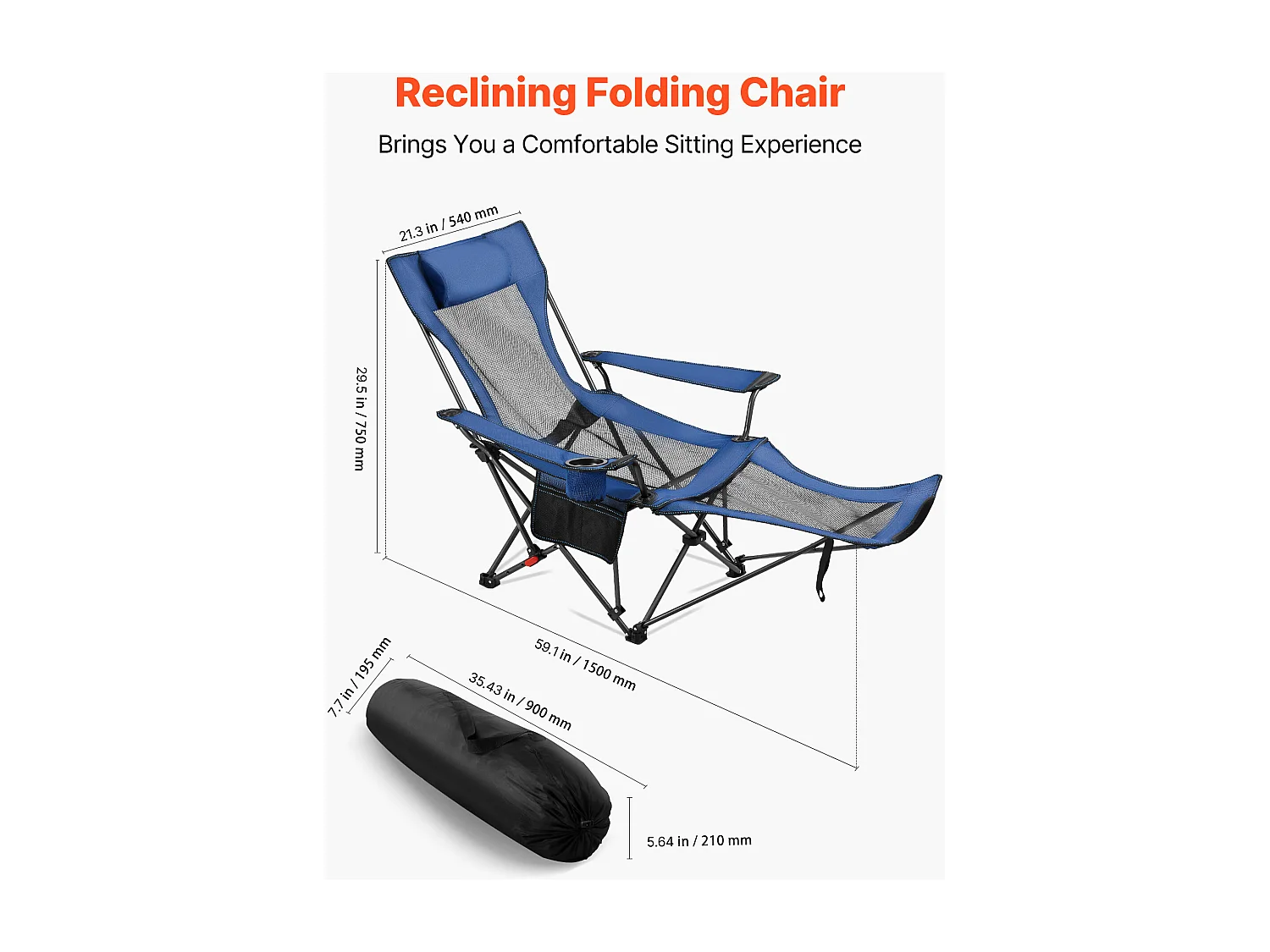 Chaise de Camping SucceBuy Pliante, 4 Positions Réglables, Chaise Longue Inclinable Portable pour Adultes, avec Repose-Pieds, Appui-Tête, Tissu Maille, Bleu