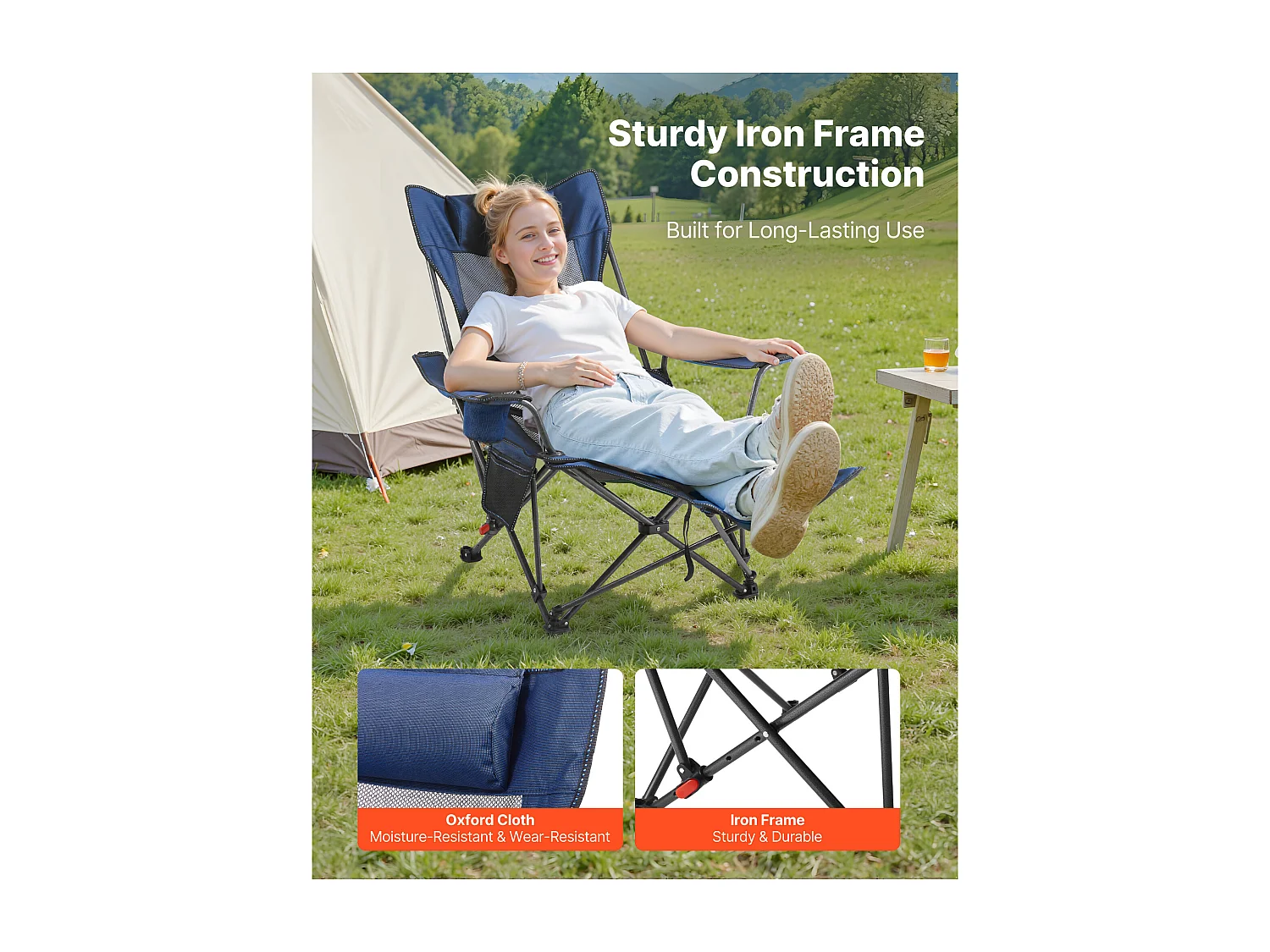 Chaise de Camping SucceBuy Pliante, 4 Positions Réglables, Chaise Longue Inclinable Portable pour Adultes, avec Repose-Pieds, Appui-Tête, Tissu Maille, Bleu