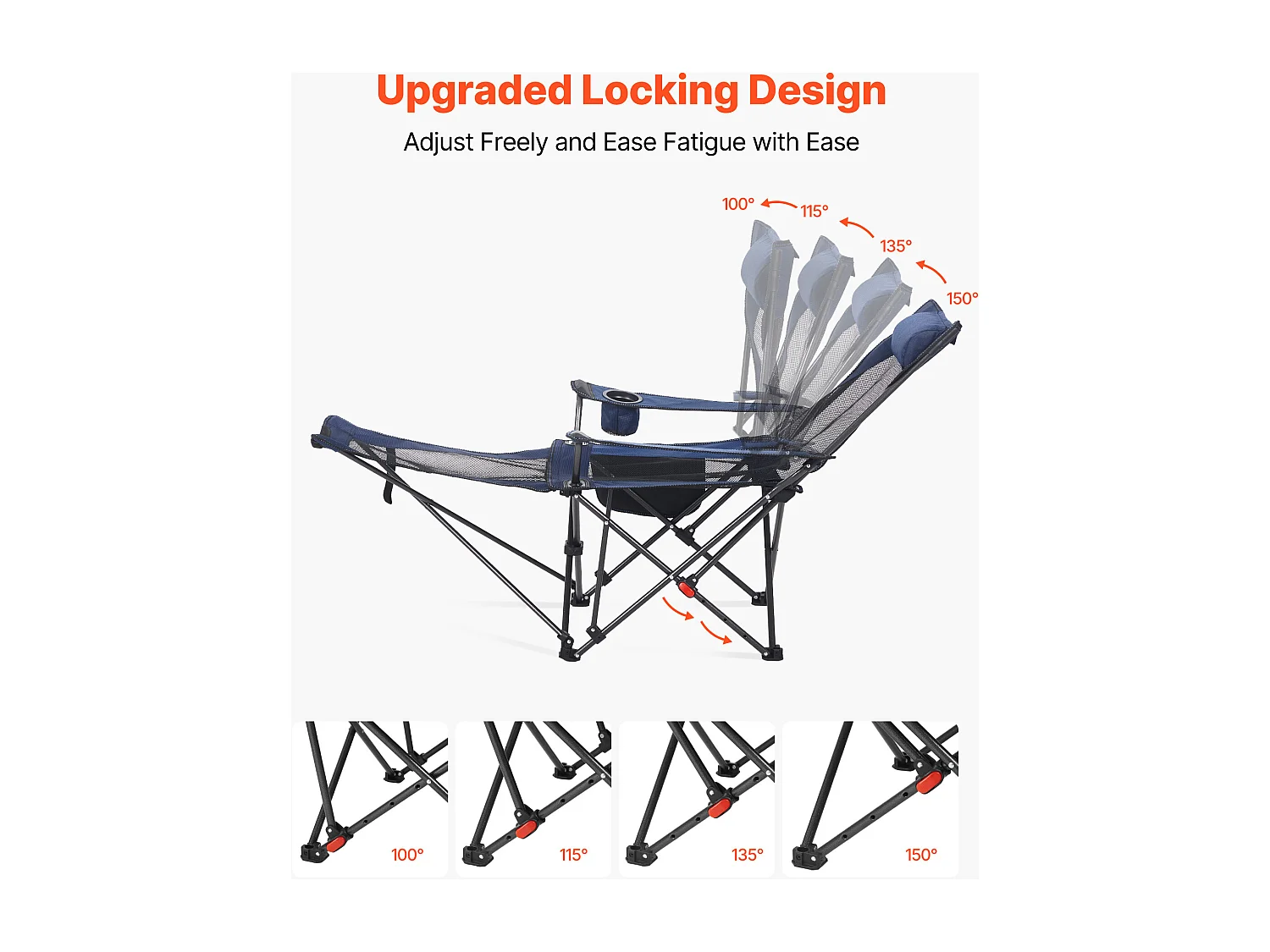 Chaise de Camping SucceBuy Pliante, 4 Positions Réglables, Chaise Longue Inclinable Portable pour Adultes, avec Repose-Pieds, Appui-Tête, Tissu Maille, Bleu