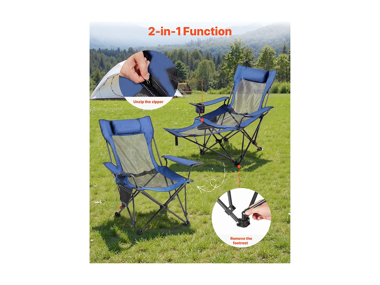 Chaise de Camping SucceBuy Pliante, 4 Positions Réglables, Chaise Longue Inclinable Portable pour Adultes, avec Repose-Pieds, Appui-Tête, Tissu Maille, Bleu
