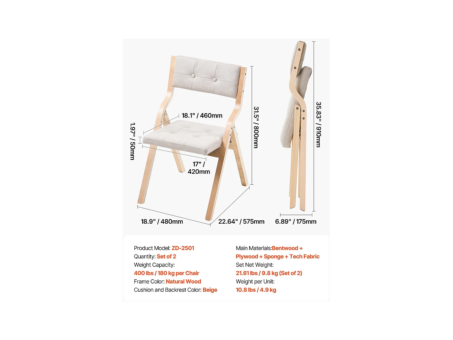 Chaise Pliante SucceBuy en Bois avec Coussin, Lot de 2, Chaise de Salle à Manger Portable Rembourrée Moderne avec Coussin d'Assise Pliable, Beige