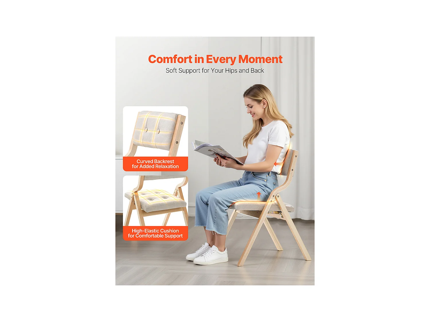 Chaise Pliante SucceBuy en Bois avec Coussin, Lot de 2, Chaise de Salle à Manger Portable Rembourrée Moderne avec Coussin d'Assise Pliable, Beige