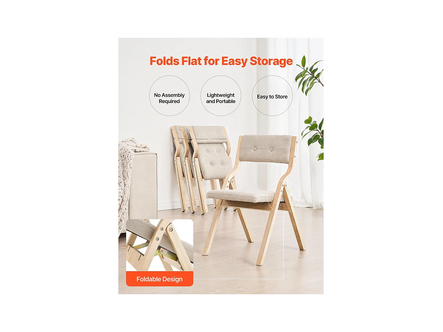 Chaise Pliante SucceBuy en Bois avec Coussin, Lot de 2, Chaise de Salle à Manger Portable Rembourrée Moderne avec Coussin d'Assise Pliable, Beige