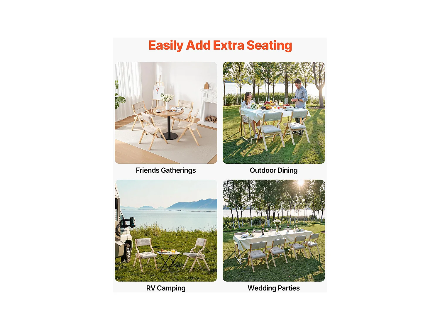 Chaise Pliante SucceBuy en Bois avec Coussin, Lot de 2, Chaise de Salle à Manger Portable Rembourrée Moderne avec Coussin d'Assise Pliable, Beige