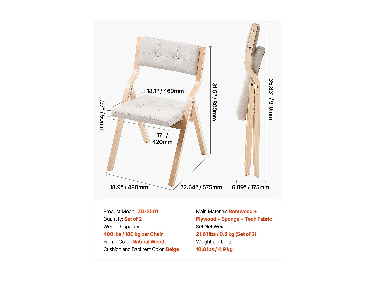 Sedia Pieghevole SucceBuy in Legno con Cuscino, Lotto di 2, Sedia da Pranzo Portatile Imbottita Moderna con Cuscino Seduta Pieghevole, Beige