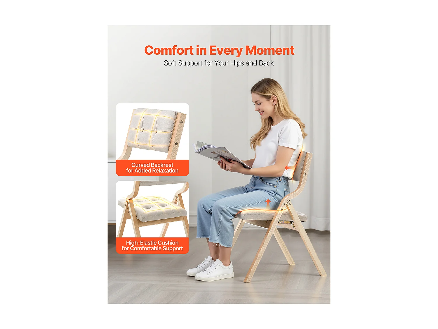 Sedia Pieghevole SucceBuy in Legno con Cuscino, Lotto di 2, Sedia da Pranzo Portatile Imbottita Moderna con Cuscino Seduta Pieghevole, Beige