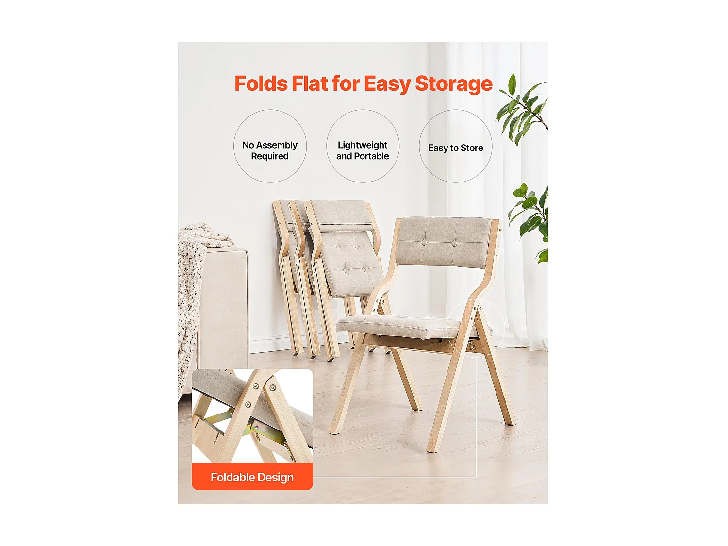 Sedia Pieghevole SucceBuy in Legno con Cuscino, Lotto di 2, Sedia da Pranzo Portatile Imbottita Moderna con Cuscino Seduta Pieghevole, Beige