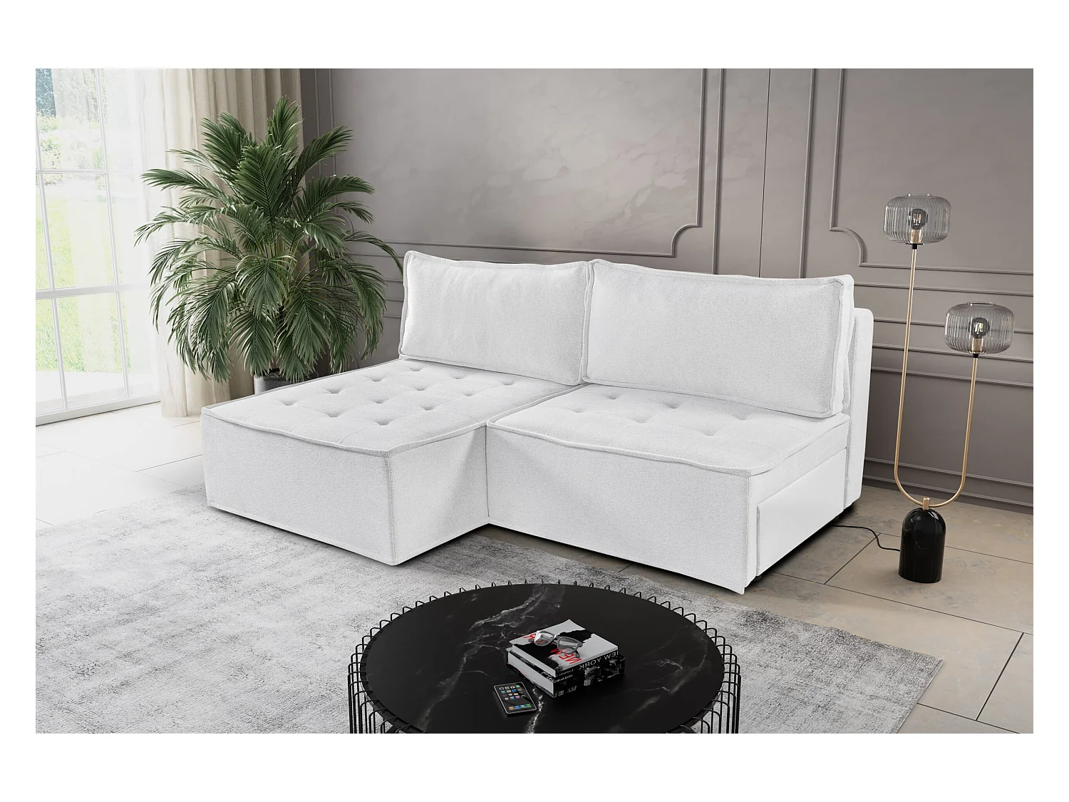 Divano angolare Bohoo Mini con funzione letto, tessuto Raven, Ecru, sinistro