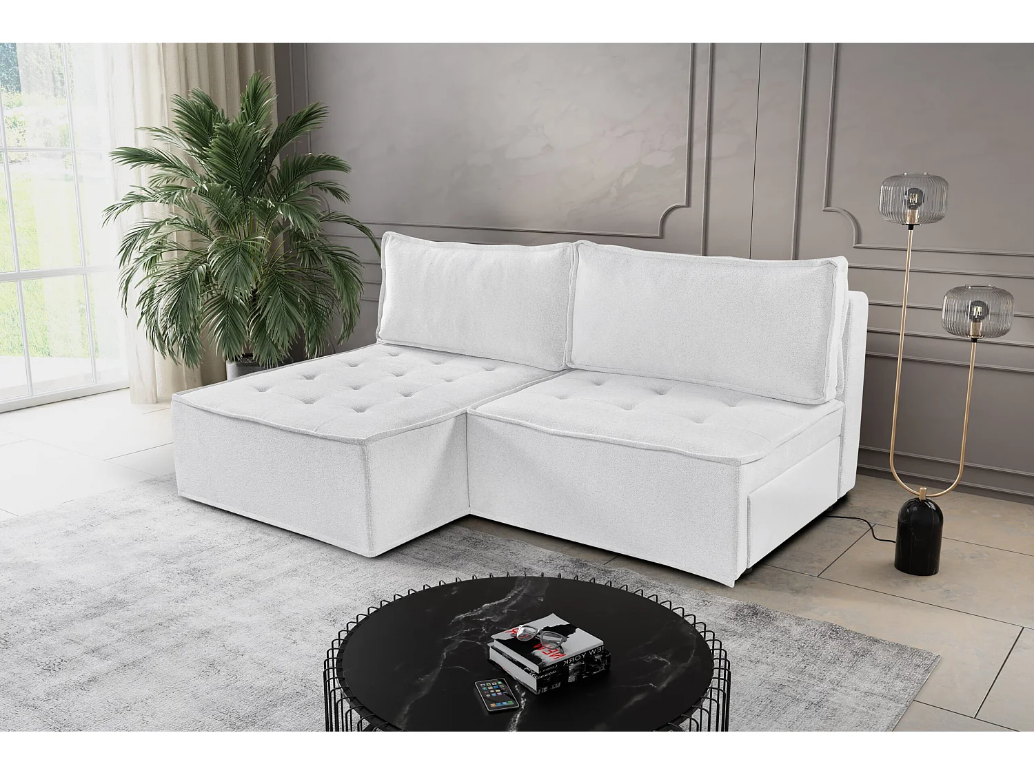 Bohoo Mini canapé d'angle avec fonction couchage, tissu Raven, écru, gauche