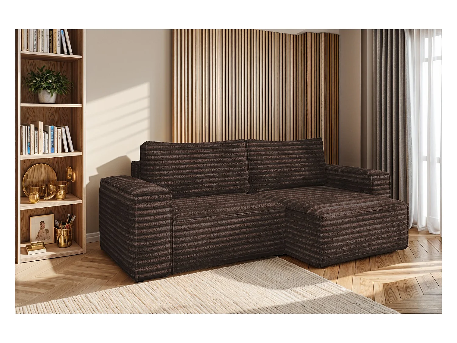 L-förmiges Bohoo-Ecksofa mit Schlaffunktion, Stoff Velo, Braun, Rechts
