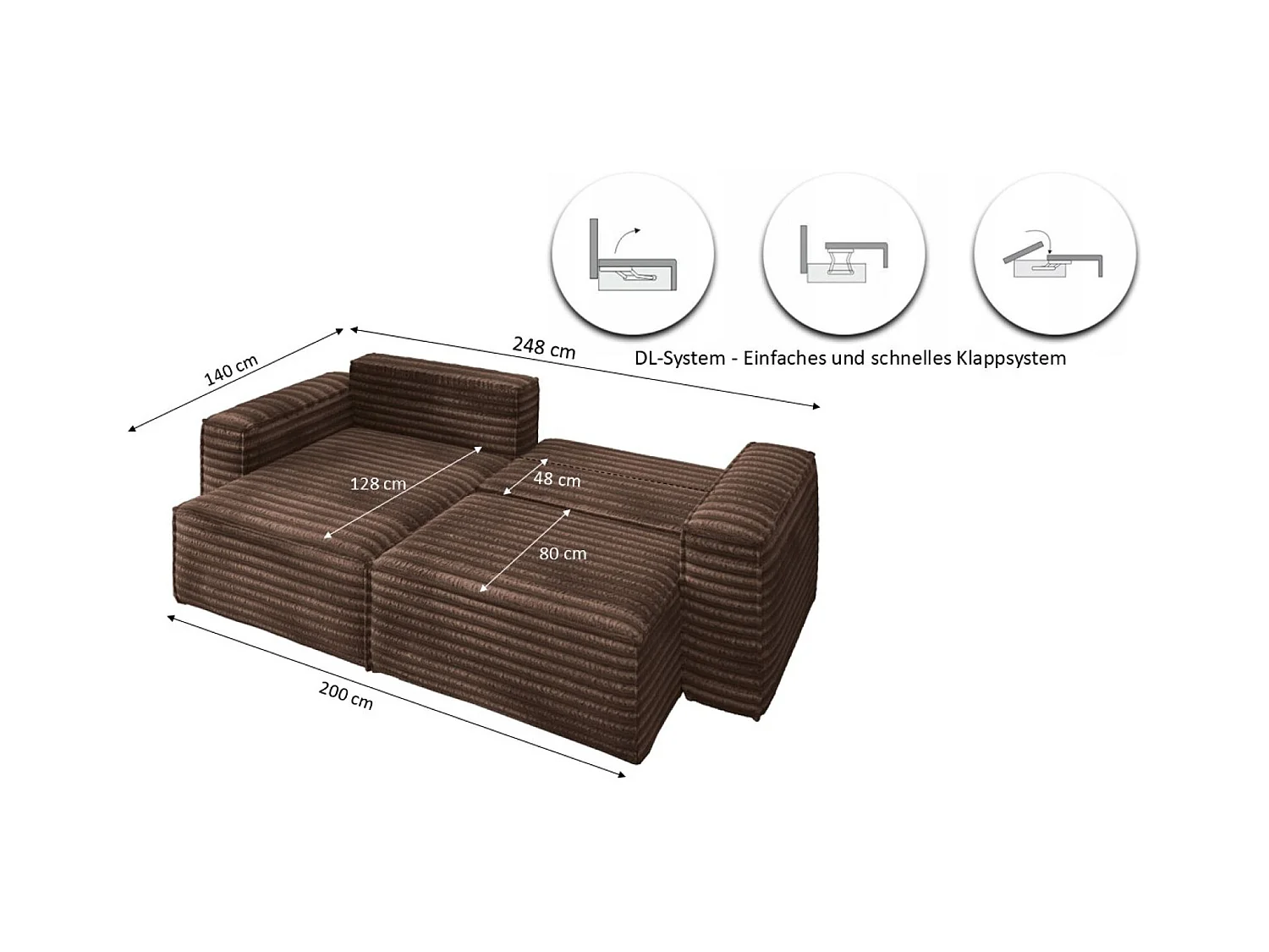 L-förmiges Bohoo-Ecksofa mit Schlaffunktion, Stoff Velo, Braun, Rechts