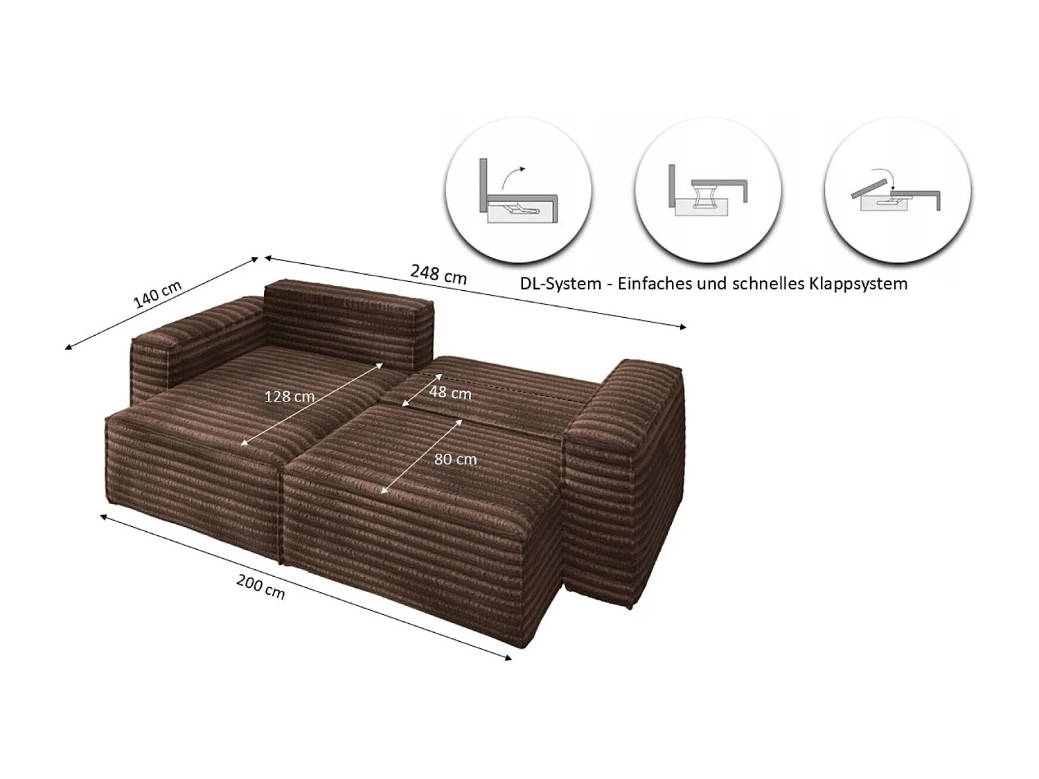 L-förmiges Bohoo-Ecksofa mit Schlaffunktion, Stoff Velo, Braun, Rechts