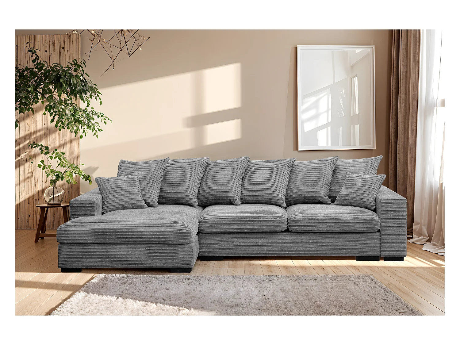 Canapé d'angle avec fonction couchage et coffre de lit, Canapé forme L, Canapé forme L tissu Gabon Zoom Gris Gauche