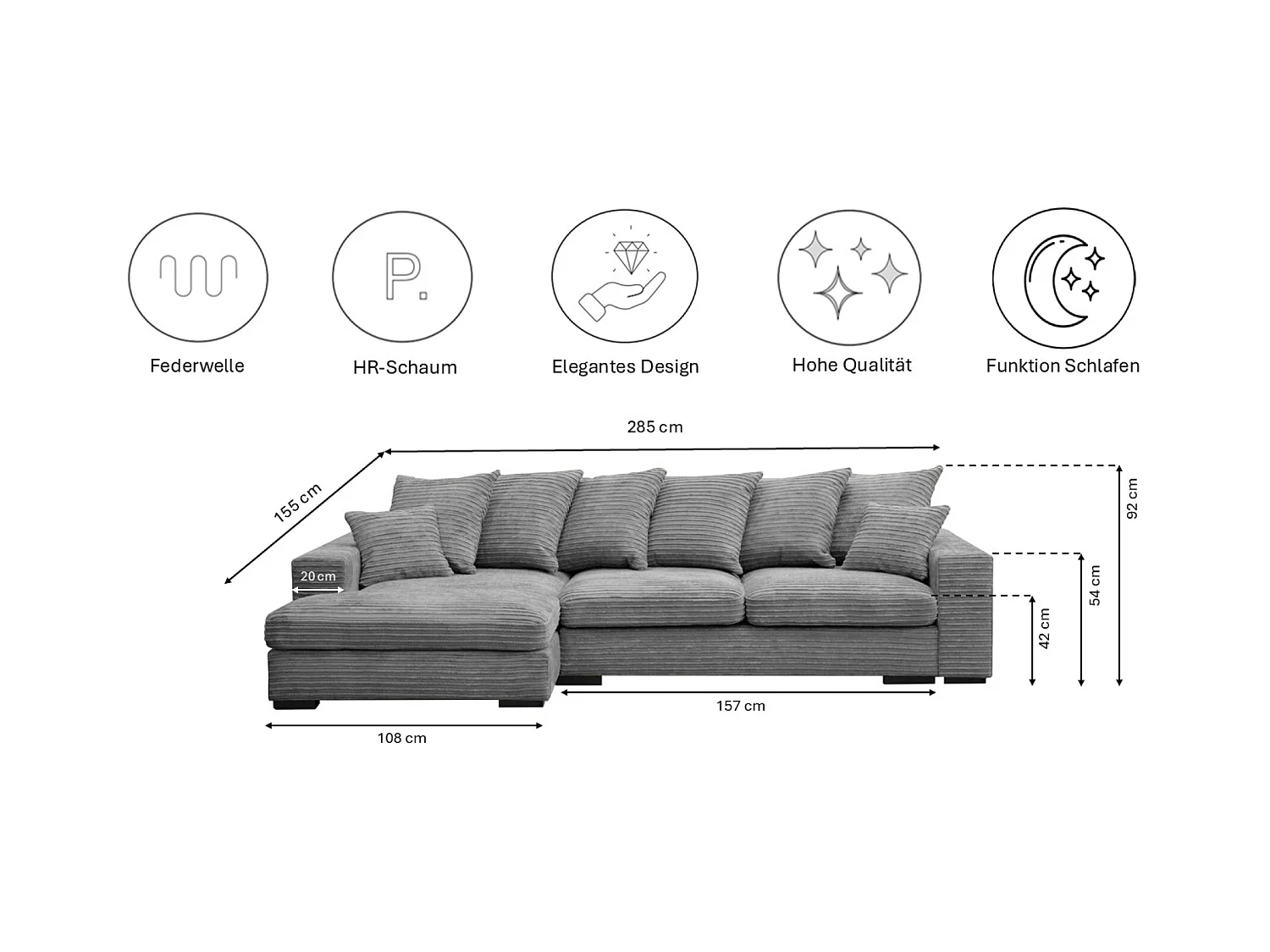 Canapé d'angle avec fonction couchage et coffre de lit, Canapé forme L, Canapé forme L tissu Gabon Zoom Gris Gauche