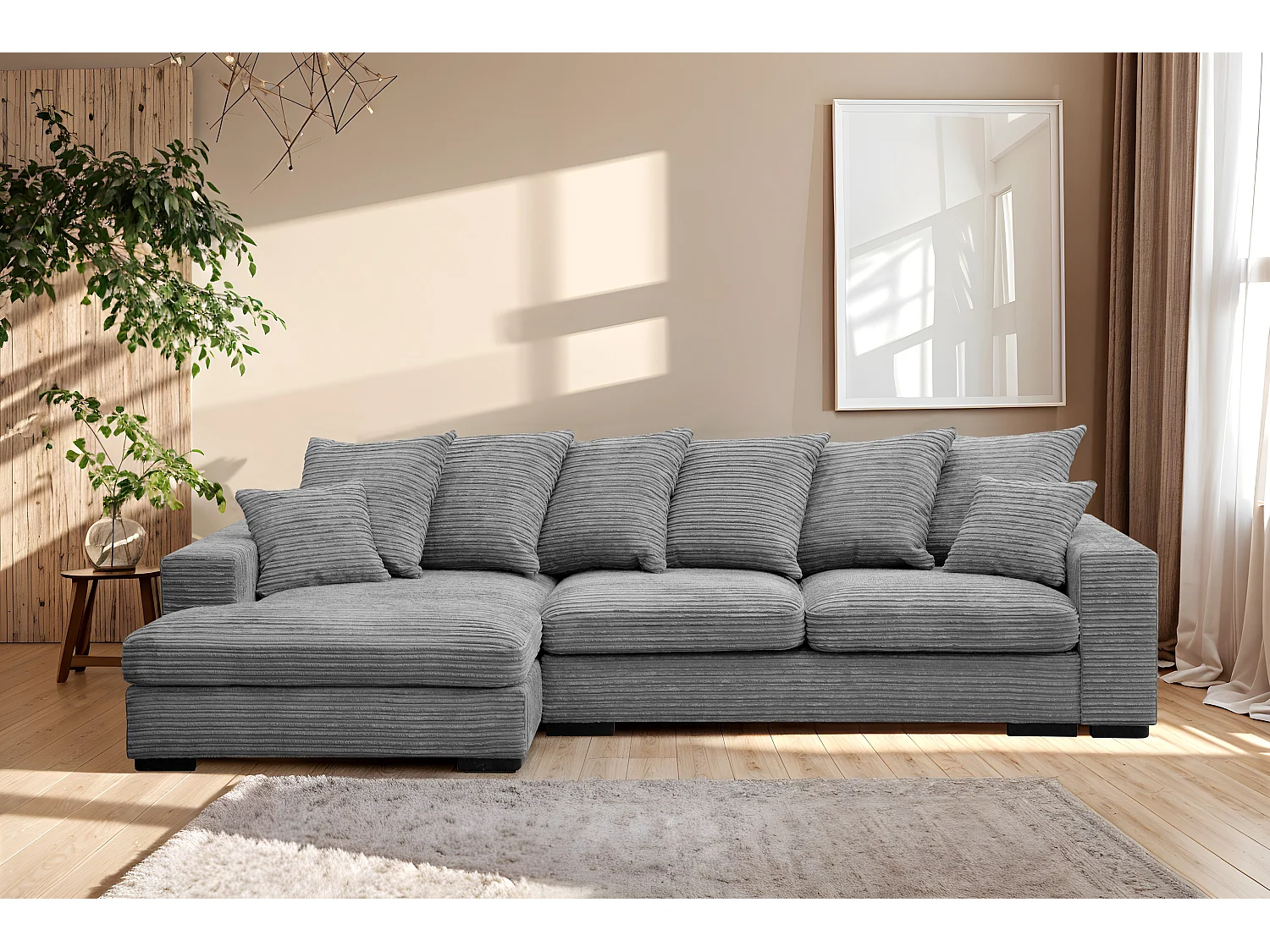 Canapé d'angle avec fonction couchage et coffre de lit, Canapé forme L, Canapé forme L tissu Gabon Zoom Gris Gauche