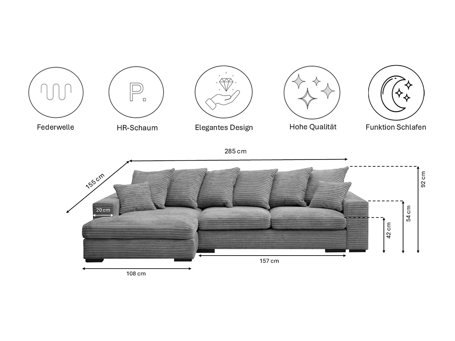 Canapé d'angle avec fonction couchage et coffre de lit, Canapé forme L, Canapé forme L tissu Gabon Zoom Gris Gauche