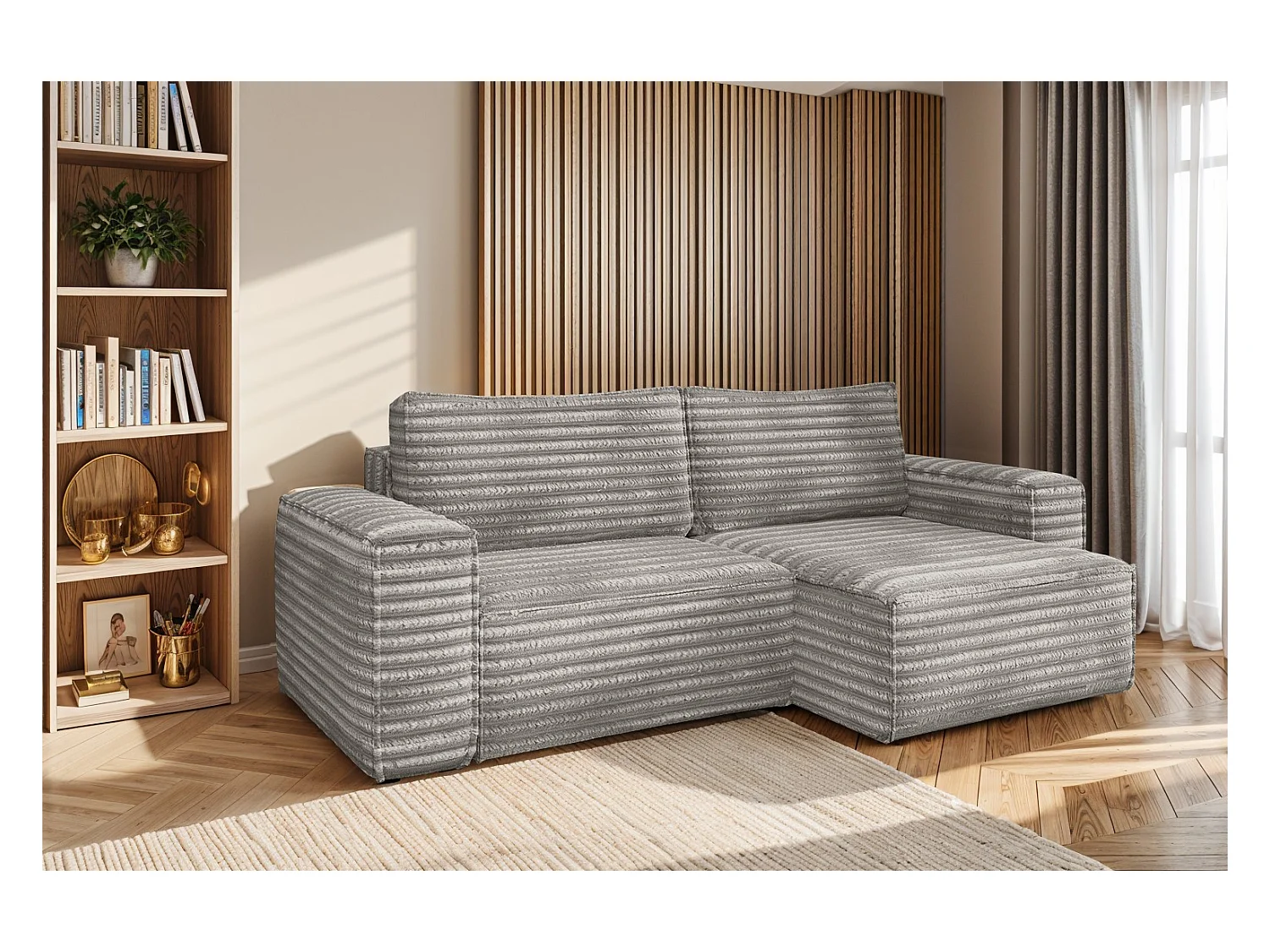 L-förmiges Bohoo-Ecksofa mit Schlaffunktion, Stoff Velo, Grau, Rechts