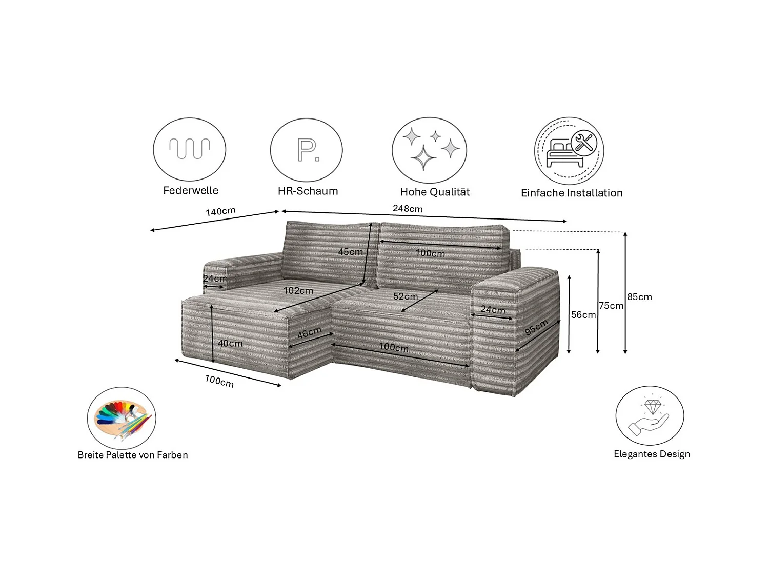 L-förmiges Bohoo-Ecksofa mit Schlaffunktion, Stoff Velo, Grau, Rechts