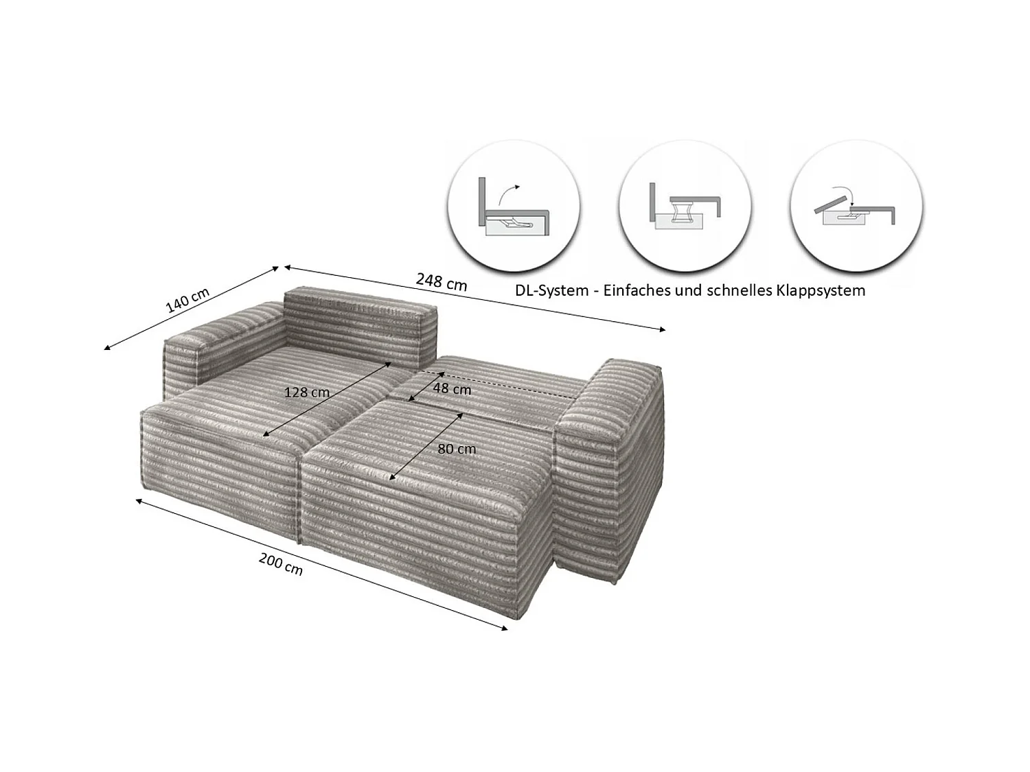 L-förmiges Bohoo-Ecksofa mit Schlaffunktion, Stoff Velo, Grau, Rechts