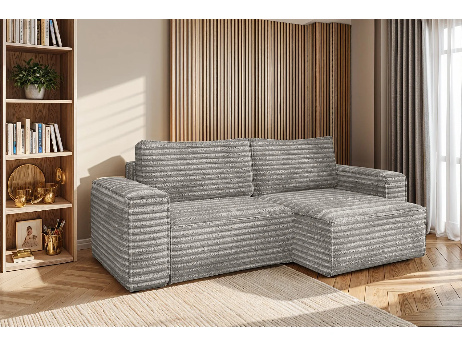 L-förmiges Bohoo-Ecksofa mit Schlaffunktion, Stoff Velo, Grau, Rechts