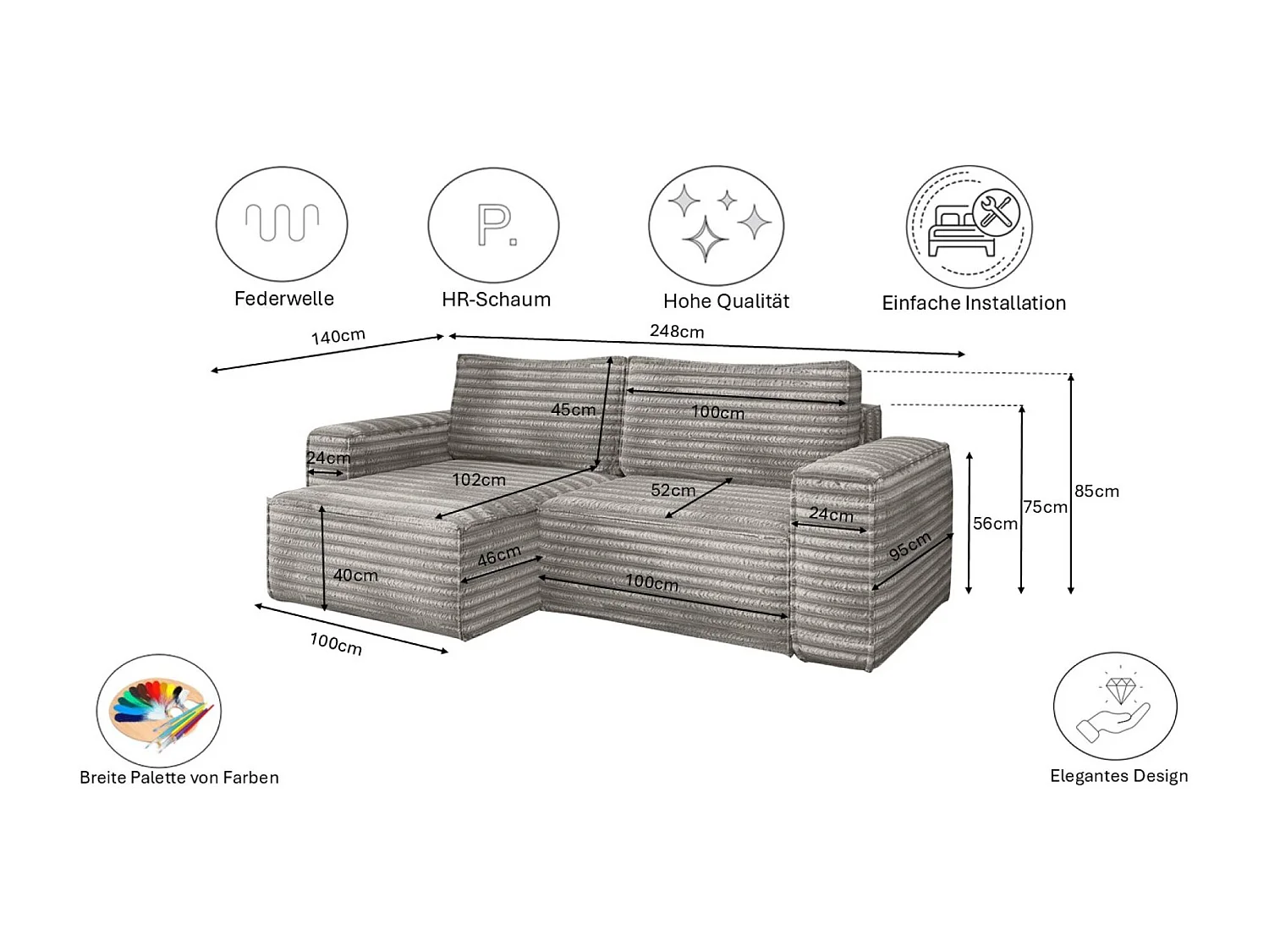 L-förmiges Bohoo-Ecksofa mit Schlaffunktion, Stoff Velo, Grau, Rechts