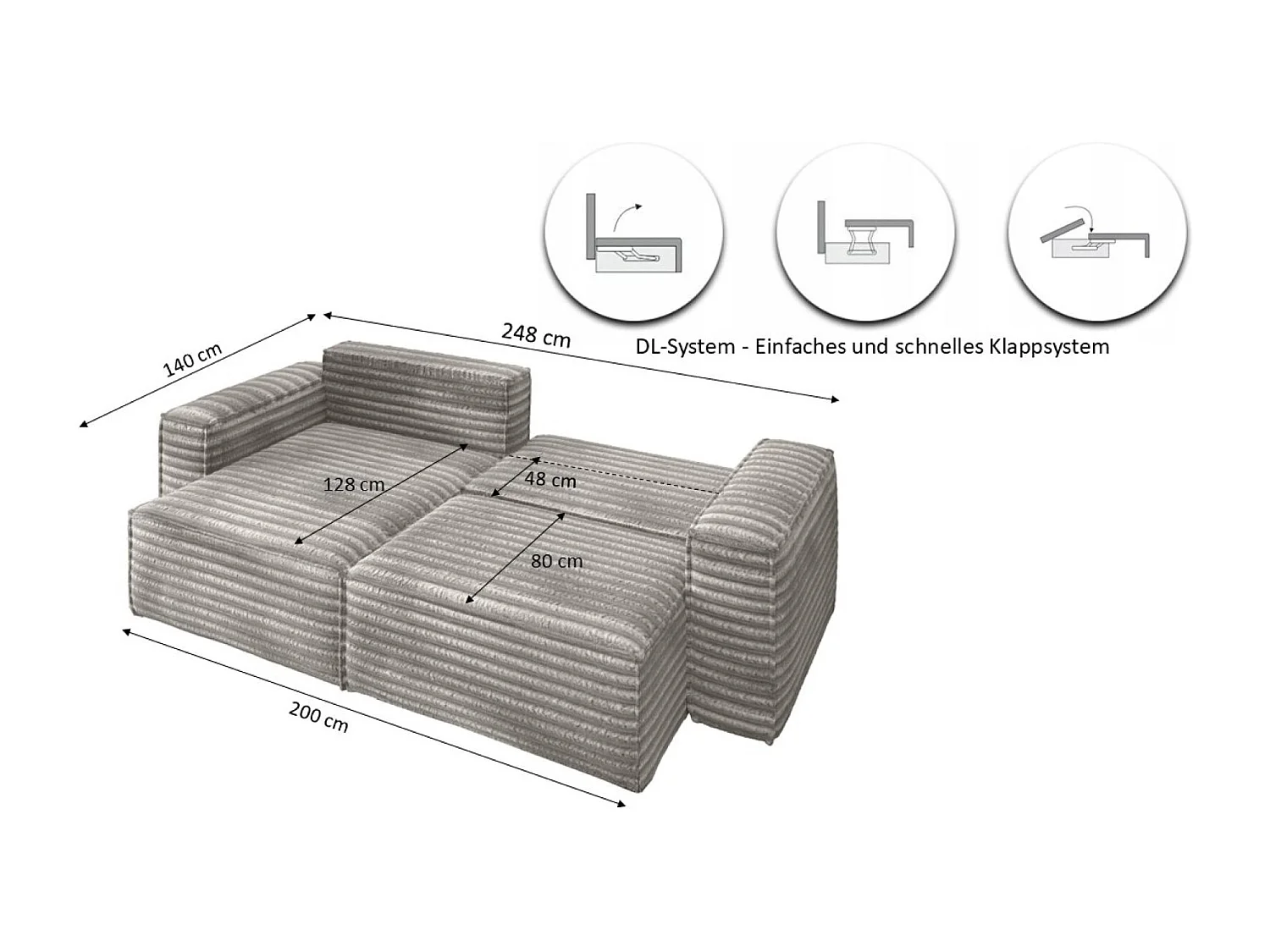 L-förmiges Bohoo-Ecksofa mit Schlaffunktion, Stoff Velo, Grau, Rechts