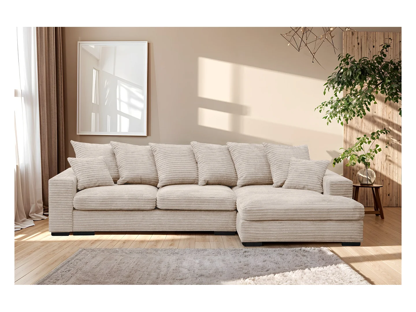 Canapé d'angle avec fonction couchage et coffre de lit, Canapé forme L, Canapé forme L tissu Gabon Zoom Crème Droite