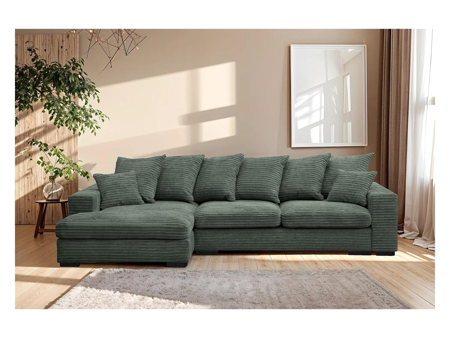 Canapé d'angle avec fonction couchage et coffre de lit, Canapé forme L, Canapé forme L tissu Gabon Zoom Vert Gauche