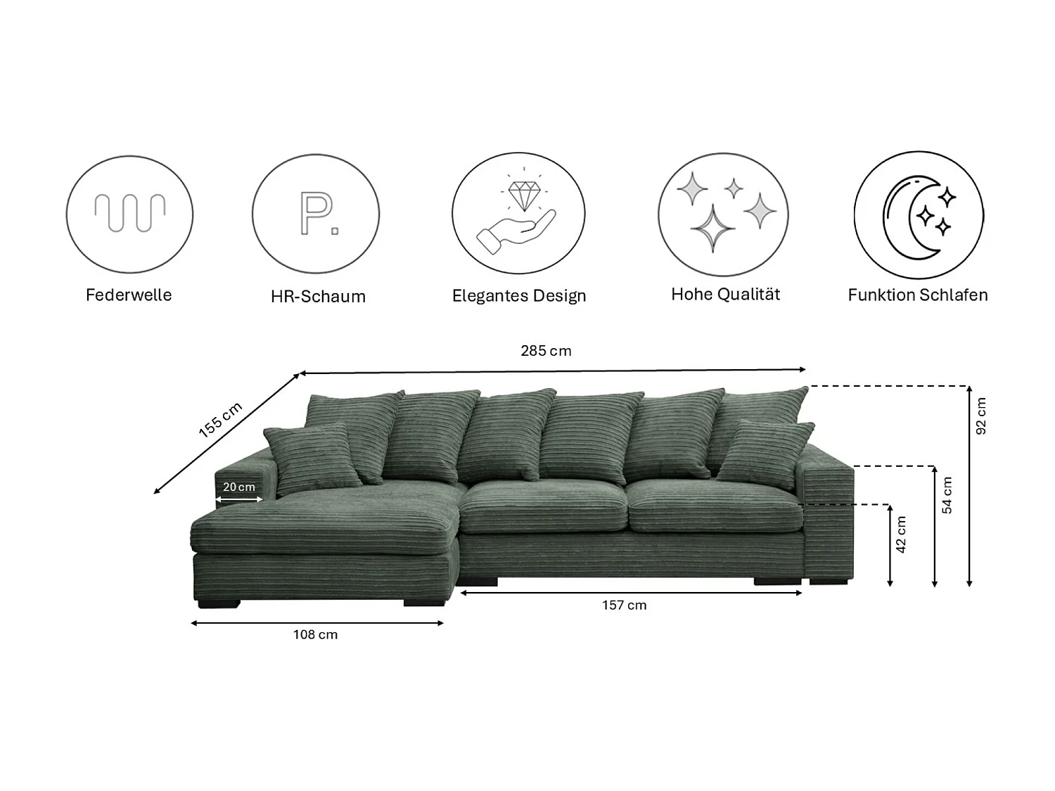 Canapé d'angle avec fonction couchage et coffre de lit, Canapé forme L, Canapé forme L tissu Gabon Zoom Vert Gauche