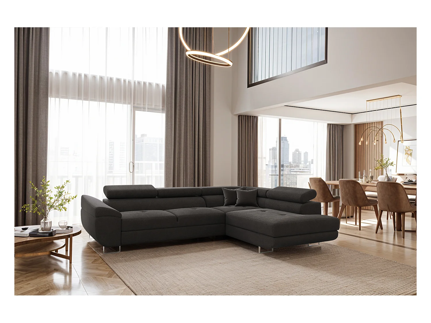 Canapé d'angle en L FALIO avec fonction couchage, tissu Noel, graphite, droit