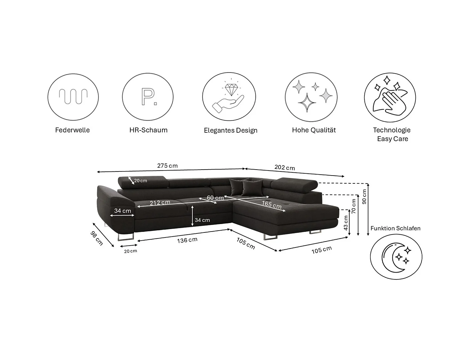 Canapé d'angle en L FALIO avec fonction couchage, tissu Noel, graphite, droit