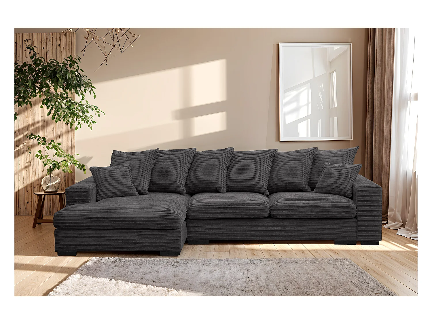 Canapé d'angle avec fonction couchage et coffre de lit, Canapé forme L, Canapé forme L tissu Gabon Zoom Graphite Gauche