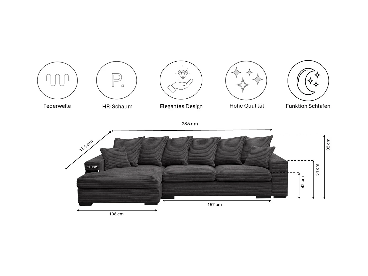 Canapé d'angle avec fonction couchage et coffre de lit, Canapé forme L, Canapé forme L tissu Gabon Zoom Graphite Gauche