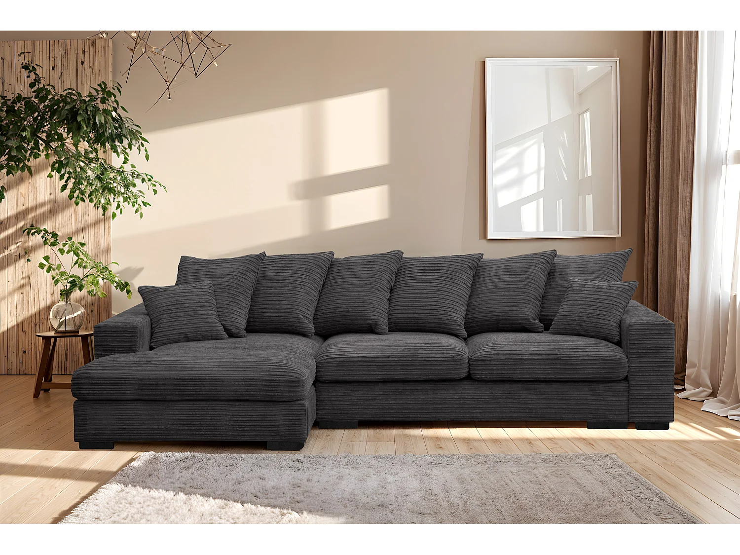 Canapé d'angle avec fonction couchage et coffre de lit, Canapé forme L, Canapé forme L tissu Gabon Zoom Graphite Gauche