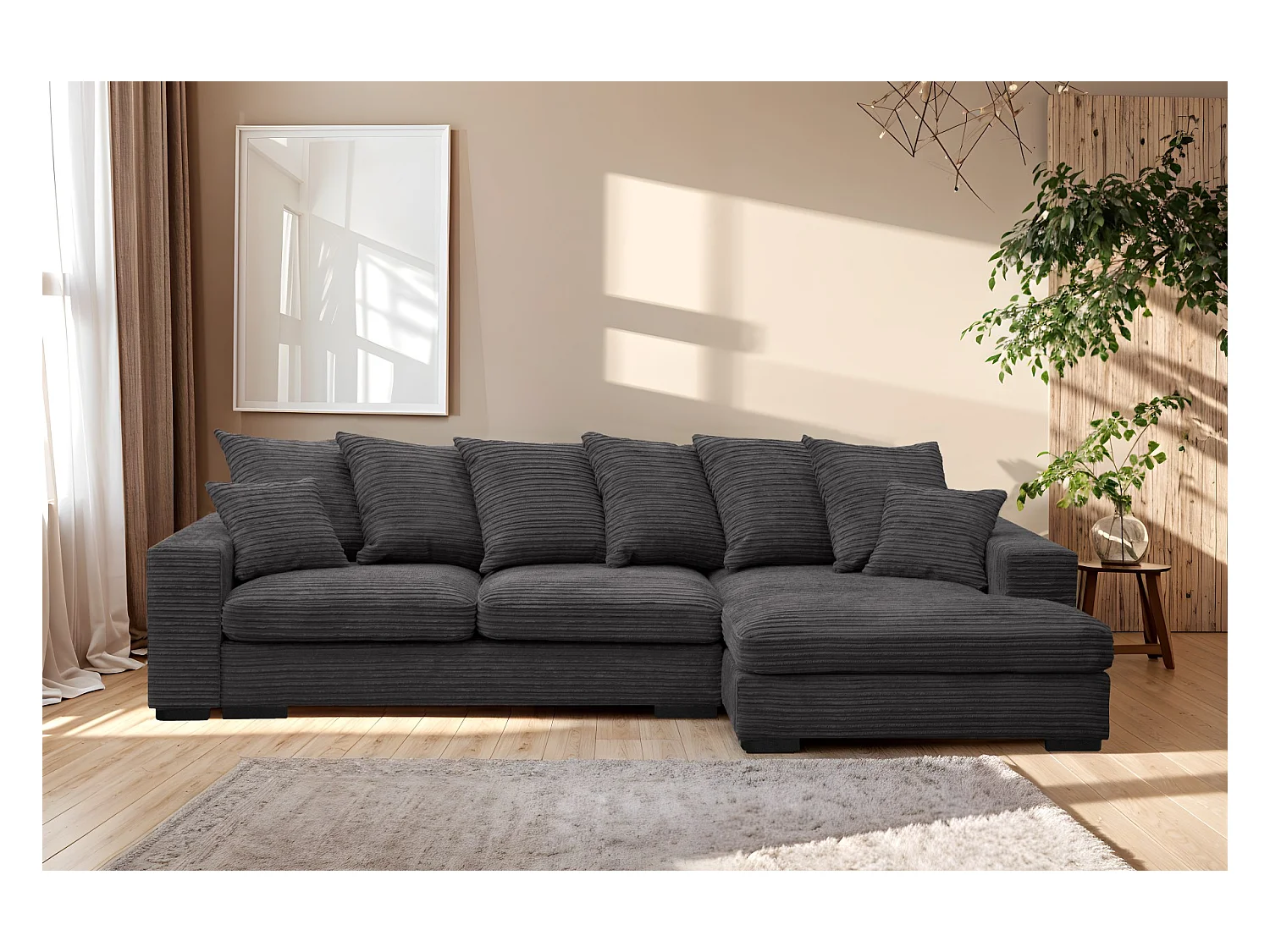 Canapé d'angle avec fonction couchage et coffre de lit, Canapé forme L, Canapé forme L tissu Gabon Zoom Graphite Droite