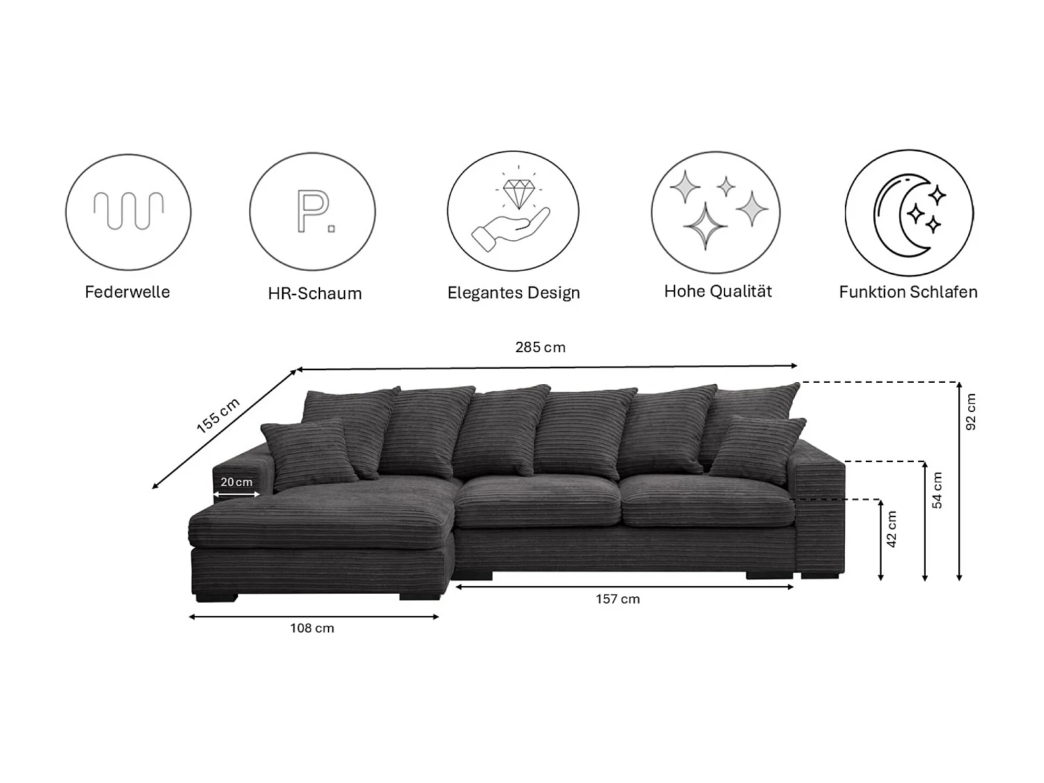 Canapé d'angle avec fonction couchage et coffre de lit, Canapé forme L, Canapé forme L tissu Gabon Zoom Graphite Droite